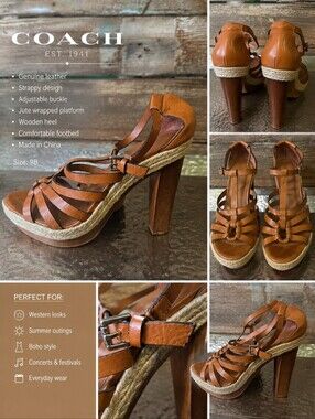 Coach Leather Strappy Platform Heels Tan Brown Espadrille Size 8B